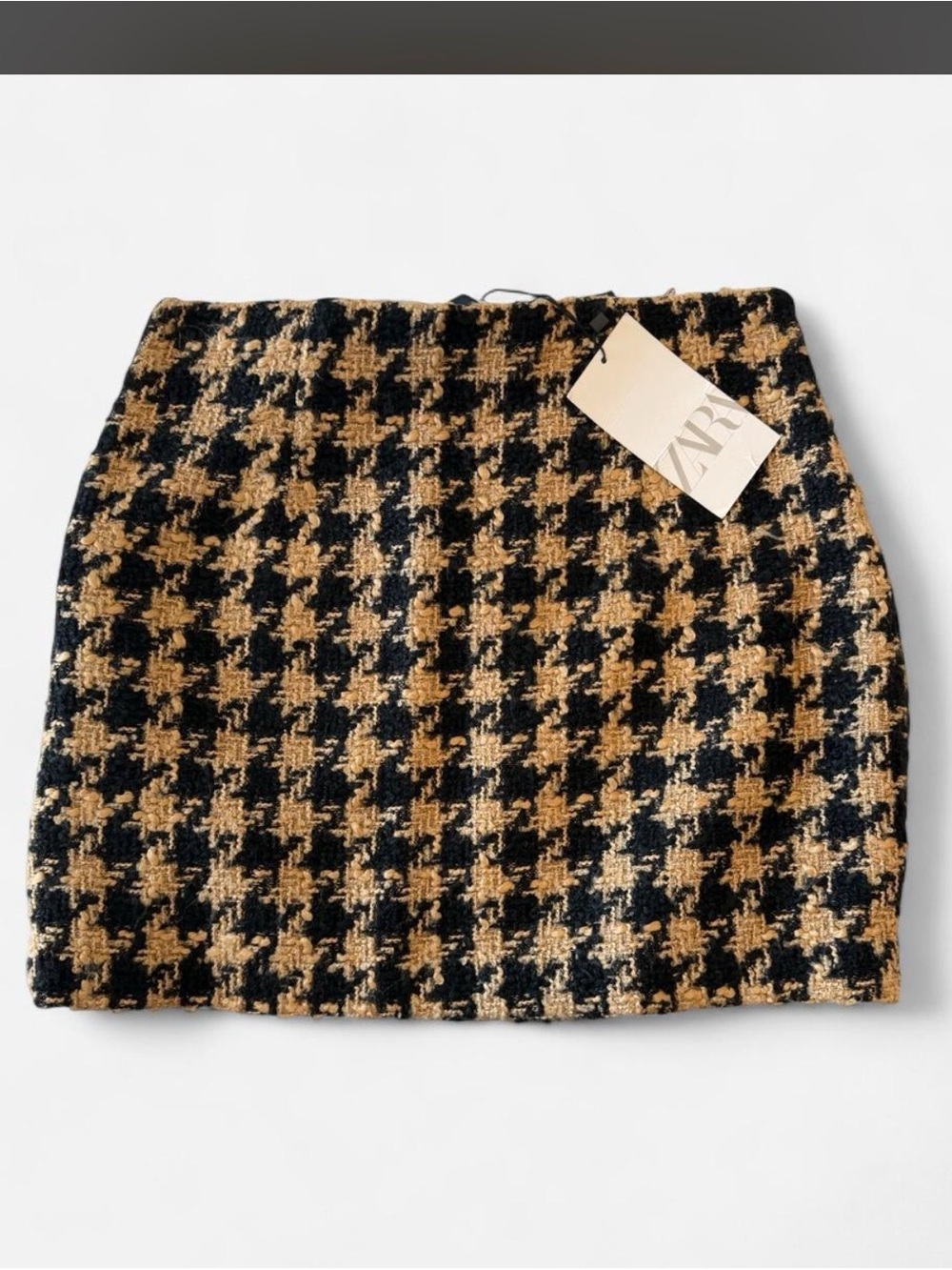 Zara Black and Tan Houndstooth Tweed Mini Skirt